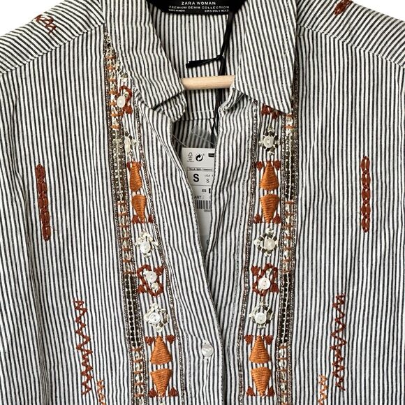 NWT Zara Collection S Striped Embroidered Embellished cotton Button Up Shirt - Picture 7 of 14